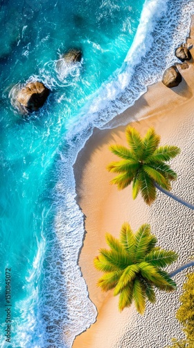 Aerial view of a tropical beach at golden hour