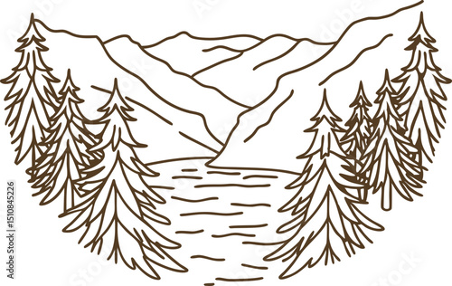 Mountain landscape with pine trees by a lake hand drawn nature scene, forest and mountains in outline