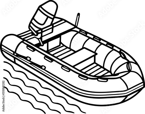 Inflatable motor boat outline rigid hull dinghy with outboard engine on wavy water nautical transport line art