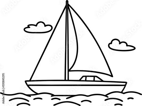 Sailboat outline drawing on waves with clouds simple black and white nautical sketch for kids or coloring