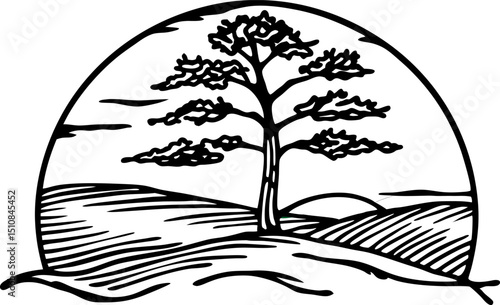 lone tree silhouette on rolling hills during sunset, black and white landscape illustration, tranquil nature scene