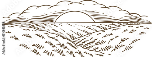 Sunrise over rolling countryside fields with clouds vintage landscape line art, rural farmland nature scene