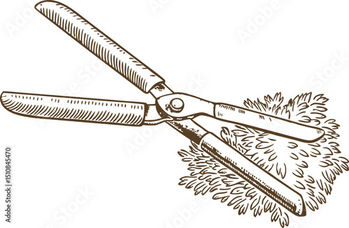 Garden hedge shears trimming bush vintage hand drawn pruning tool illustration for landscaping and gardening care
