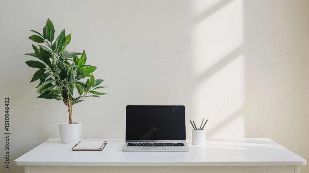 Modern minimalist desk with laptop and green potted plant Modern minimalist desk with laptop and green potted plant