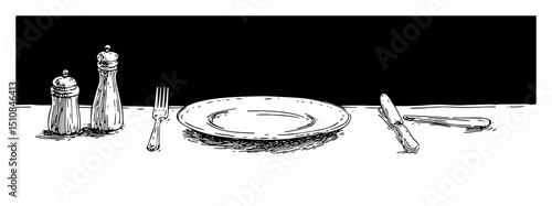 table setting with plate and cutlery hand drawn illustration