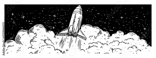 rocket launching into space hand drawn illustration