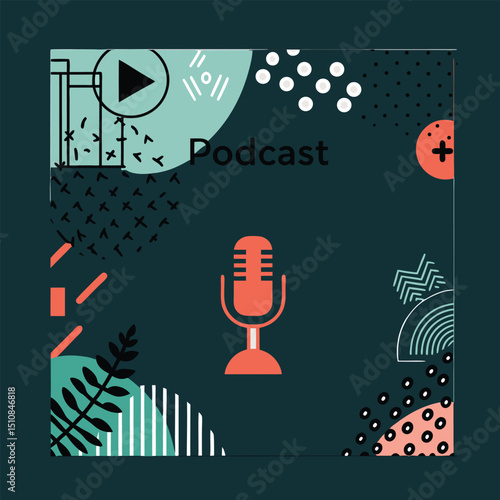 Printpodcast, minimalist illustration, microphone, voice recording, audio production, modern abstract art, colorful graphic design, bold typography
