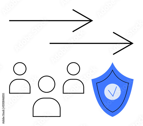 Abstract representation of data movement with arrows, user icons, and a secure shield with a checkmark. Ideal for cybersecurity, digital privacy, data transfer, user safety, teamwork, business