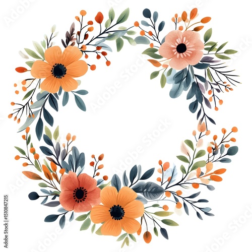 Watercolor wreath, a simple flat vector illustration with a white background, featuring greenery, leaves, and flowers in a cute style. 