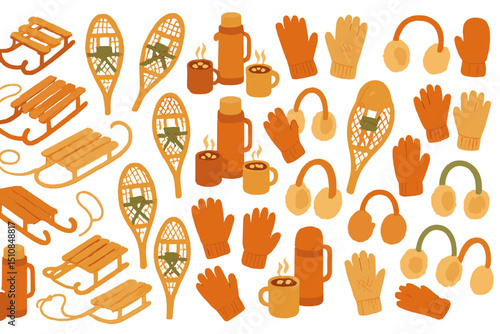 Winter activities featuring sleds, snowshoes, hot beverages, and cozy winter gear in a warm color palette