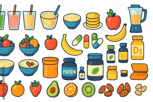 Different food and health items including smoothies, fruits, and supplements in a colorful layout