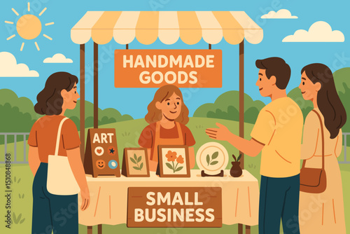 People interacting at a vibrant outdoor market stall selling handmade goods on a sunny day