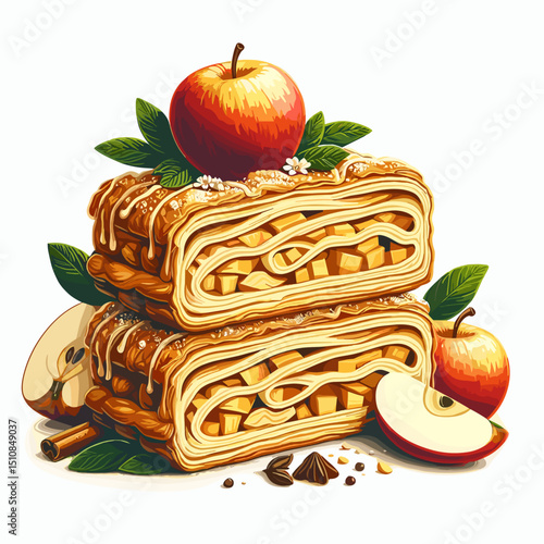 Delicious apple strudel layered with apples and nuts, garnished with fresh apples and leaves