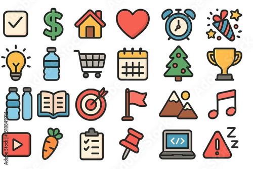 Collection of colorful icons representing various aspects of daily life and activities such as health, finance, and celebration