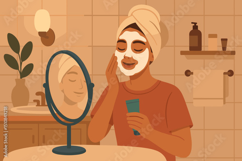 Man applying facial mask in bathroom during self-care routine for skincare improvement
