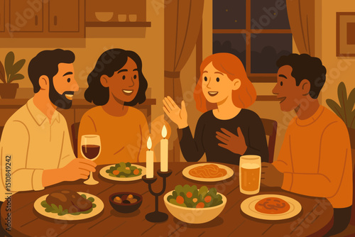 Friends gather around a cozy dinner table sharing stories and enjoying a meal during a warm evening at home