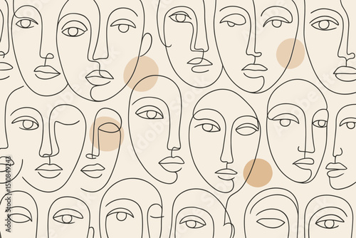 Artistic line drawing featuring multiple abstract faces with soft circular accents on a light background