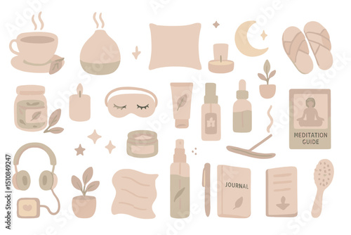 Relaxation essentials for a calming evening at home with soothing aromas and personal care items