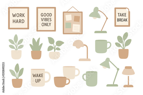 Decorative work space elements showcasing positivity and motivation in a cozy office environment