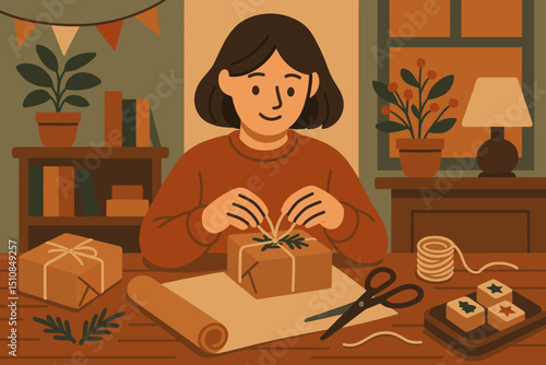 Crafting festive gift wraps at home during the holiday season with cozy decor