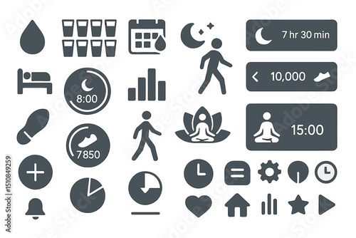 Icons and symbols representing health and wellness tracking in a digital application interface