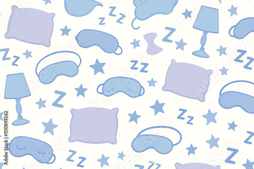 Sleep themed pattern with pillows, sleep masks, and lamps in light colors on a white background