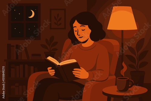 Cozy evening reading by warm lamp light near window with moonlight shining softly across the room