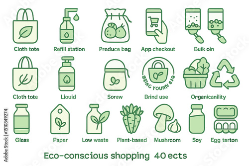 Eco-friendly shopping icons promoting sustainable practices and conscious consumerism in everyday settings
