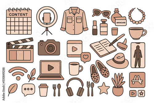 Creative workspace layout featuring digital content tools, accessories, and personal items for productivity and inspiration