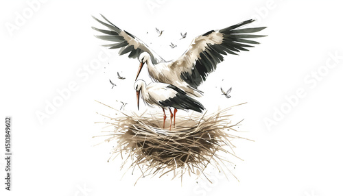 Great stork sits in the nest. A stork with storklets
