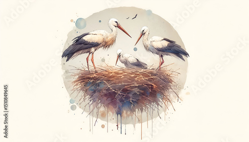 A family of storks in a large nest. Nest of storks in watercolor style. watercolor stork clipart