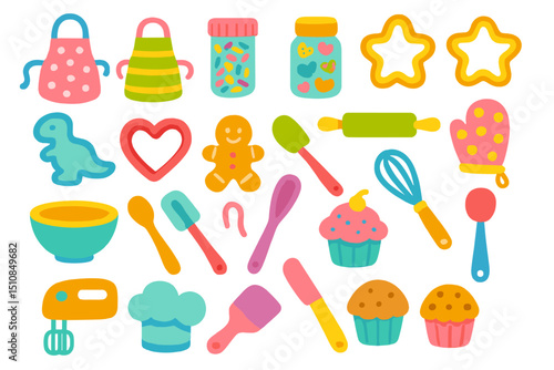 Colorful baking tools and ingredients set for creative kitchen activities with children