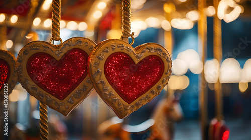 Heart-themed Carousel A carousel with heart-shaped seats and romantic music playing, valentine day
