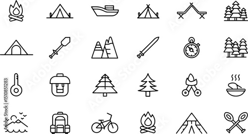 camping icon set  outdoor activities related line .eps