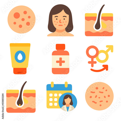 Acne icons pack featuring nine skin care and healthrelated icons. Suitable for beauty blogs, medical websites, and skincare products.