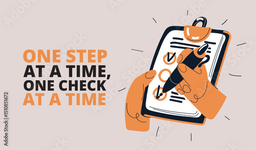 Cartoon vector illustration of a hand with a pen marking checkboxes on a tablet, symbolizing task management and organization
