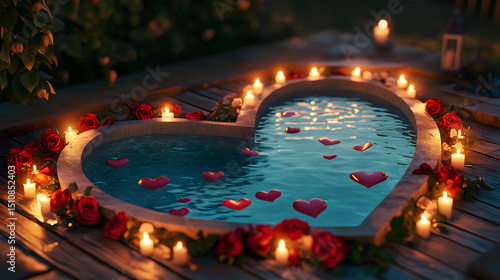 Heart-shaped Swimming Pool A heart-shaped pool surrounded by candles and roses, valentine day