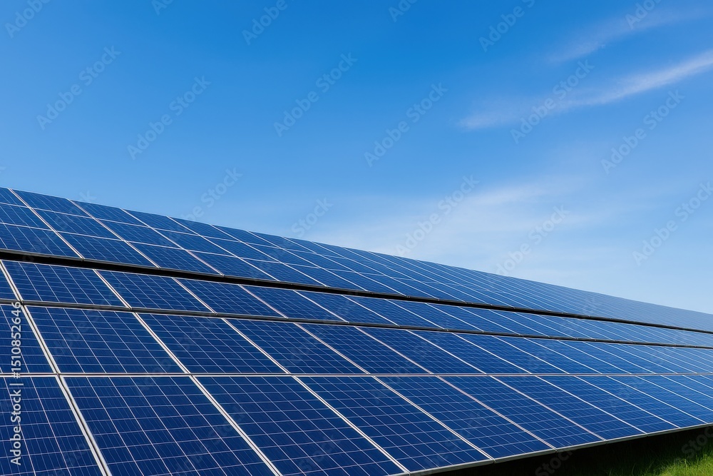 太陽光発電パネルのクローズアップ、青空を背景に環境エネルギーを表現