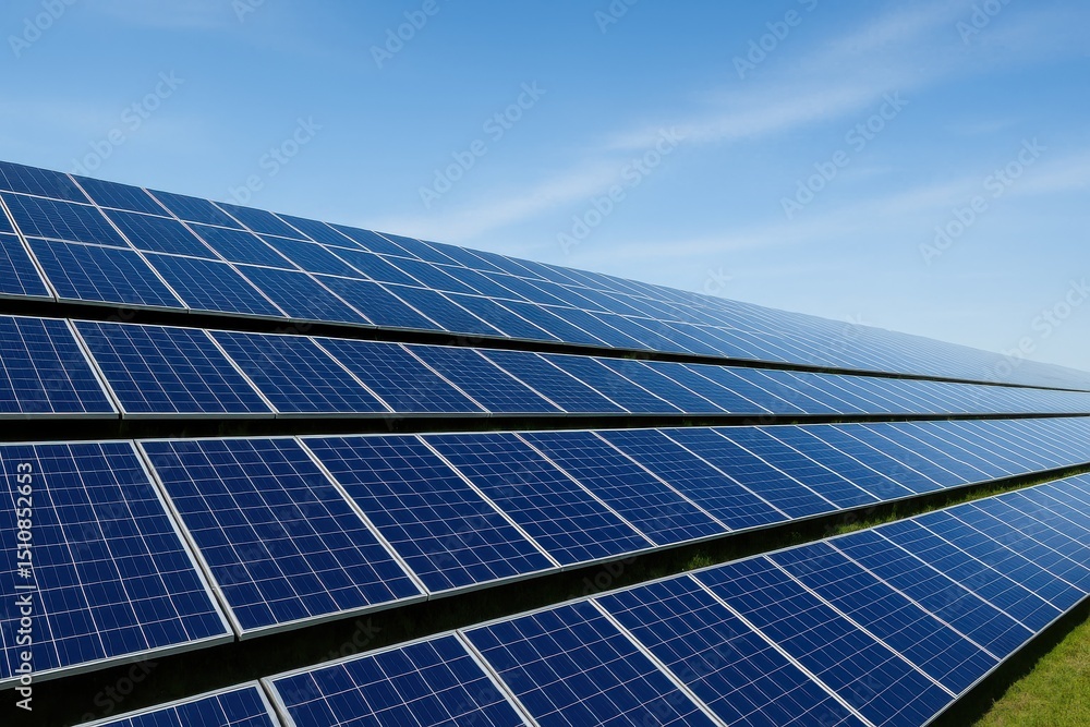 太陽光パネルと青空、再生可能エネルギーの発電設備 太陽光パネルと青空、再生可能エネルギーの発電設備