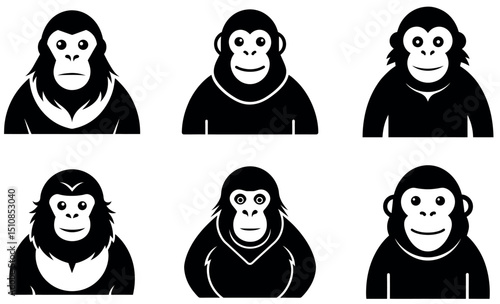 Simple black and white gorilla icons set