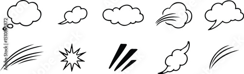 Comic style cloud and smoke icons with bold outlines and cartoon explosion effects for fun illustration themes