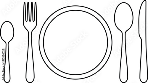 Minimal cutlery icon set featuring fork, spoon, knife, and plate in linear monochrome vector style