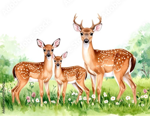 Watercolor deer family in meadow (2)