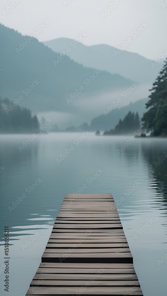 Serene Misty Lake Morning Wooden Dock Extending to Mountains Serene Misty Lake Morning Wooden Dock Extending to Mountains
