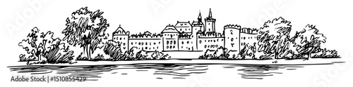 european castle complex with riverside park and trees