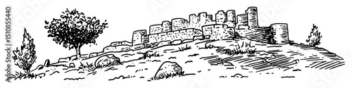 ancient stone ruins on hillside with scattered vegetation