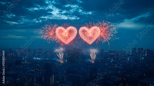 Heart-shaped Fireworks Show Fireworks forming heart shapes over a city skyline, valentine day, love couple.