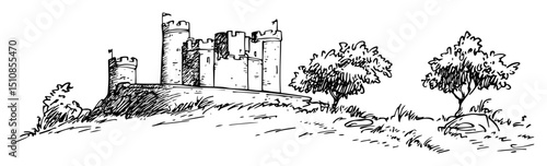 stone castle on hill with surrounding trees