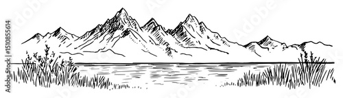 serene mountain lake surrounded by reeds and peaks