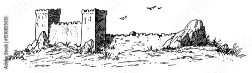 stone fortress ruins with rocky foreground and birds